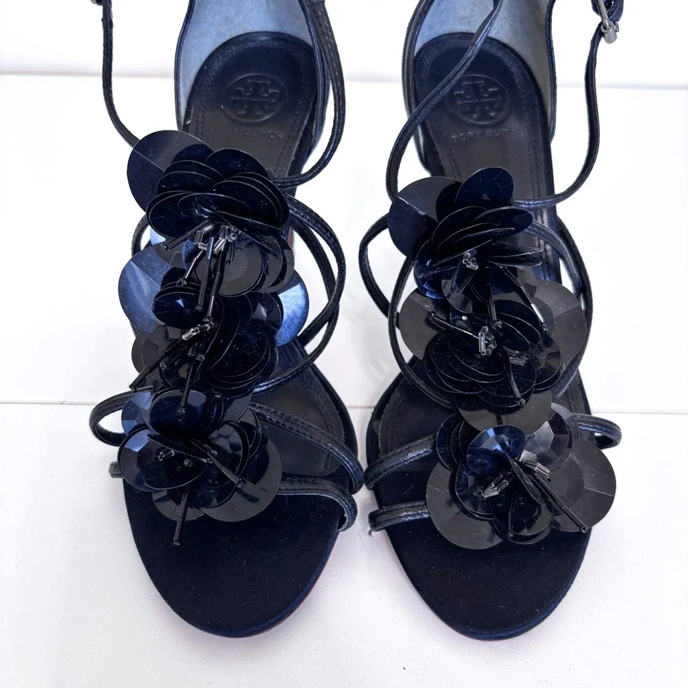 Tory Burch Womens Floral Statement Stiletto‎ Sandal Heels 6.5M Black Formal